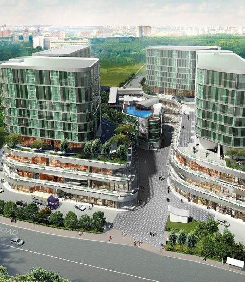 <h3><strong>Ouverture de la succursale de Singapour</strong></h3> Aerial view of a modern mixed-use development with glass residential towers, retail spaces, and a rooftop pool amid greenery.