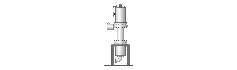 Modèle CAMTV-Tandem Pompe centrifuge à moteur encapsulé à montage vertical, avec protection contre les explosions, comprenant un moteur, un corps de pompe et des raccordements de la tuyauterie montés sur un châssis en acier