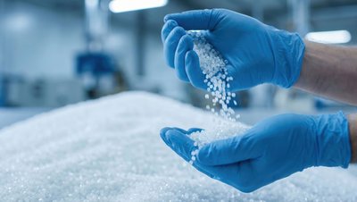 <h3>Approvisionnement en huile caloporteuse dans la production de matières plastiques</h3> Gloved hands pouring white plastic pellets in an industrial facility, used as heat transfer medium.