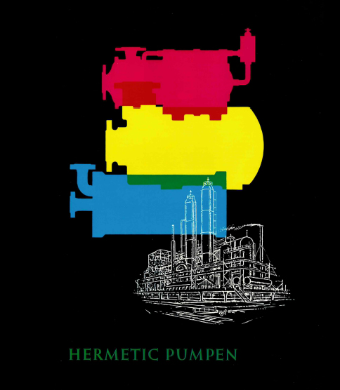 <h3>Création de HERMETIC</h3> Historical HERMETIC Pumpen logo with layered red, yellow, and blue pump illustrations above an industrial facility sketch.