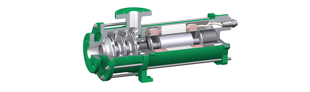 Type CAMhk Vue en coupe transversale d'une pompe à rotor noyé de couleur verte, montrant la roue de refroidissement, le rotor et le bobinage stator à l'intérieur.