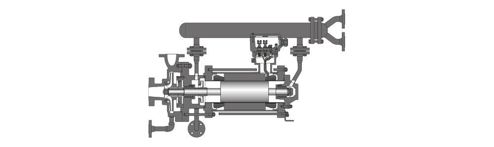 Type CNPKf Dessin technique d'une pompe à rotor noyé avec protection contre les explosions, représentée en coupe transversale, illustrant les composants internes et les raccordements de la tuyauterie.