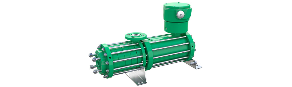 Pompe à rotor noyé Pompe centrifuge horizontale multicellulaire de couleur verte, avec raccordements à brides et tirants en acier inoxydable