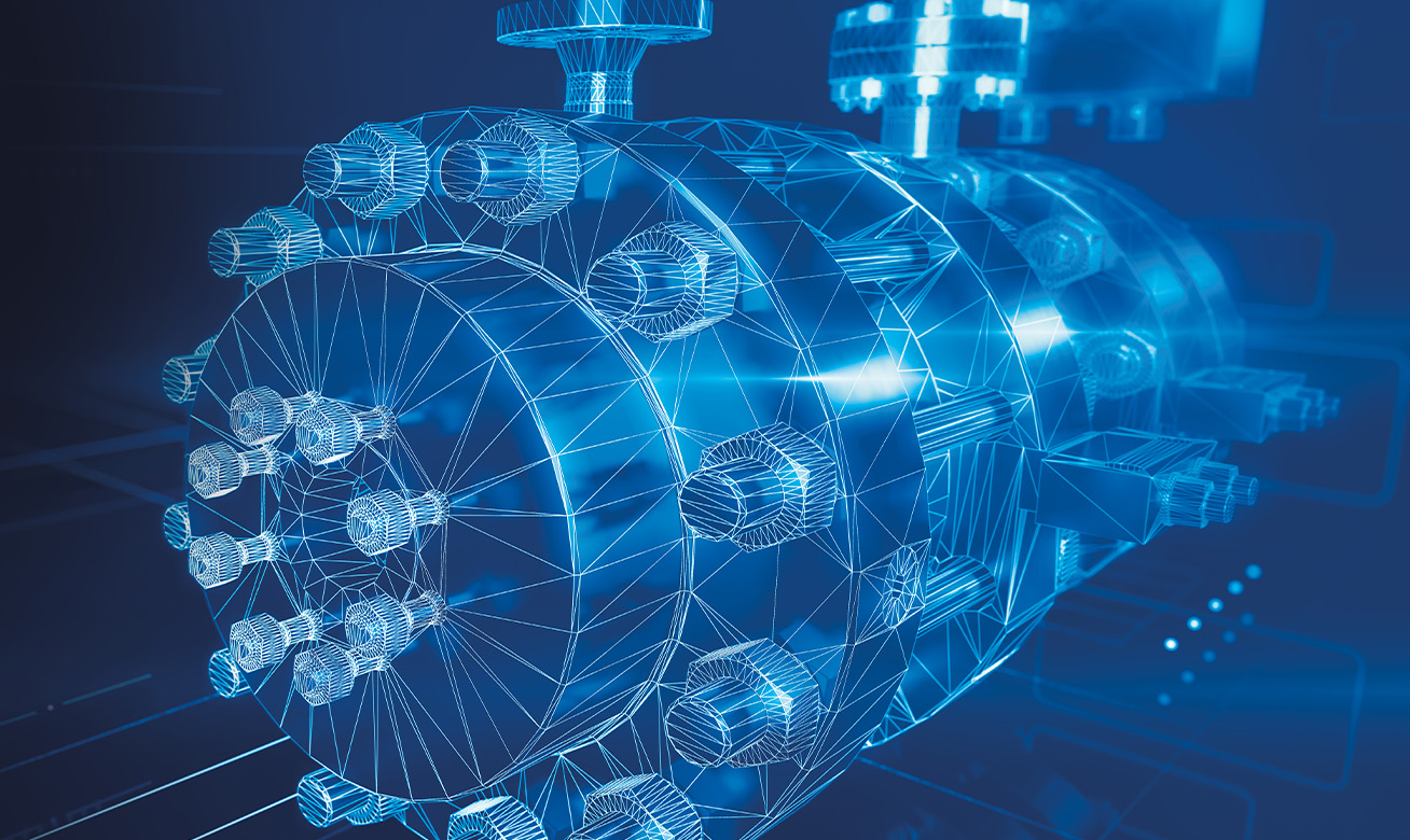 <h2>Relever les défis avec passion </h2> Wireframe 3D model of an industrial pressure vessel with bolted connections, rendered in blue digital style.