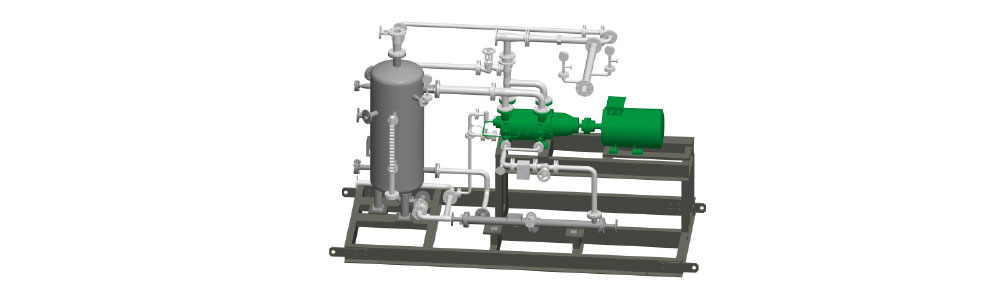 Installation de vide ALVPM 800 Maquette 3D d'un système de pompe à vide comprenant un réservoir, un moteur électrique vert et une tuyauterie, le tout monté sur un châssis en acier
