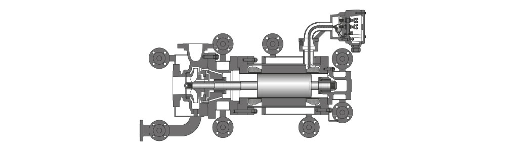 Types CN et CNF Dessin en coupe d'une pompe à rotor noyé avec protection contre les explosions, raccordements à brides et corps de monteur.