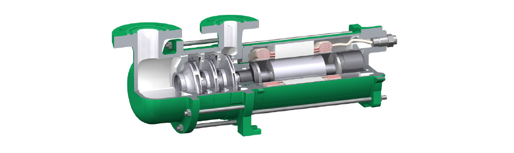 Type CAMR Coupe transversale d'une pompe à rotor noyé, représentée en vert, avec le rotor, le bobinage stator et la roue de refroidissement visibles