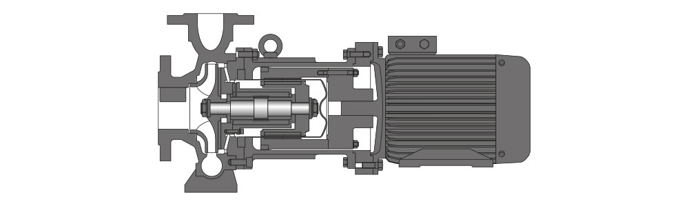 Type MCN-Block Vue en coupe d'une pompe à accouplement magnétique comprenant un moteur électrique, un corps de pompe et un joint d'arbre