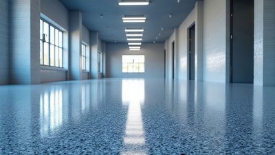 <h3>Pompage d'épichlorhydrine destinée aux systèmes de revêtement et d'adhésifs</h3> Polished epoxy floor in an empty industrial corridor with fluorescent lighting and large windows.