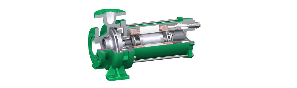 Type CNF Vue en coupe transversale d'une pompe à rotor noyé, représentée en vert, dont les composants internes, le rotor et la roue de refroidissement sont visibles.