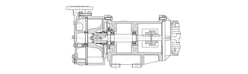 Type LVPL Dessin technique en coupe d'une pompe à vide montrant ses composants internes, tels que les roulements, le rotor et le carter.