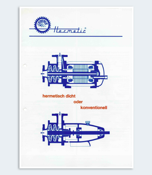 <h3>Premiers pas vers l'internationalisation</h3> Lederle HERMETIC brochure showing cross-section diagrams of hermetic and conventional pump designs, with German text.