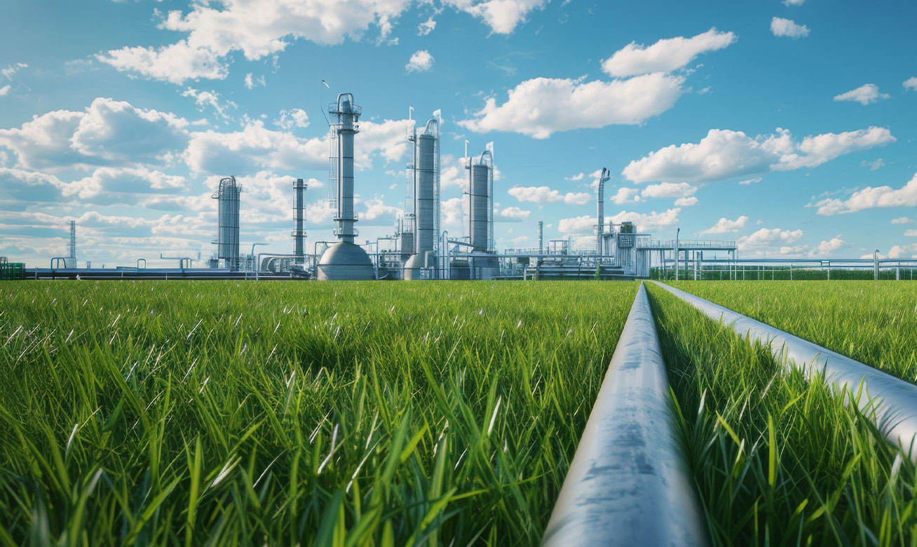 <h2>Manipulation en toute sécurité des fluides alcalins</h2> Industrial chemical plant with distillation towers and pipelines across lush green fields under a blue sky.