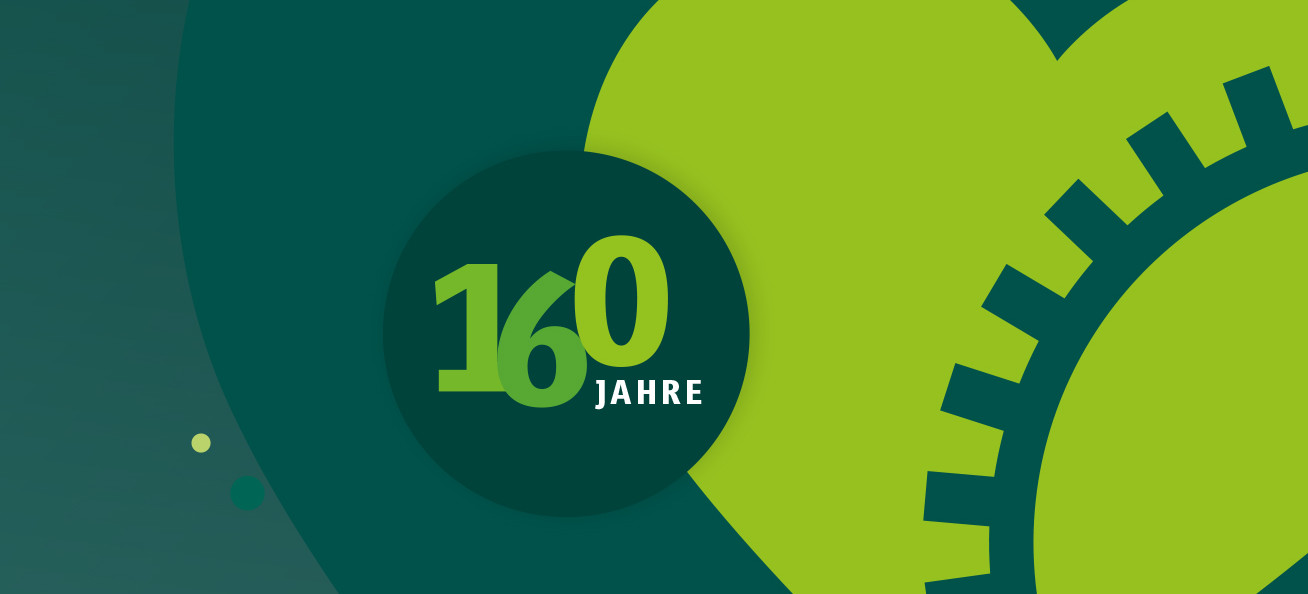 Herzschlag der Industrie logo with "160 Jahre" anniversary text, featuring green gear and heart shapes on teal background.