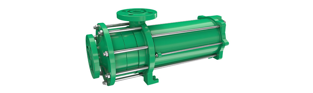 Pompe à rotor noyé Pompe centrifuge verte, horizontale, à plusieurs étages, avec raccordements à brides et arbres en acier inoxydable, destinée au secteur de l'énergie