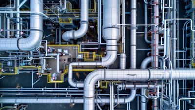 Aerial view of a large industrial CO2 plant with complex silver insulated pipelines, yellow walkways, and red valves.