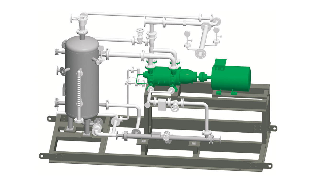 <h2>Systèmes de vide (groupes monoblocs) : une solution clé en main prête à être raccordée </h2> 3D CAD model of an industrial vacuum pump system with pressure vessel, green motor-pump unit, and interconnected piping on a skid frame.