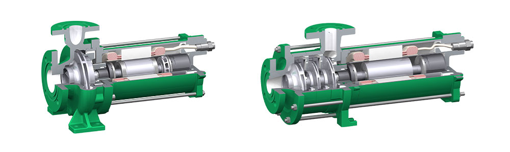 Séries CNF / CAM Coupe transversale de deux pompes centrifuges vertes équipées d'accouplements magnétiques destinées à un usage maritime, illustration technique en 3D