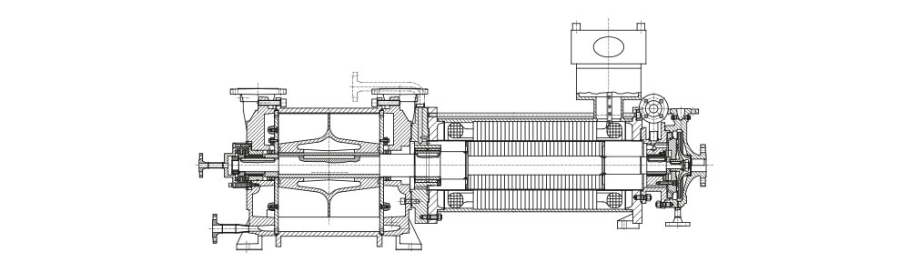 Type LVPH Dessin technique en coupe d'une pompe à vide à plusieurs étages, présentant en détail sa construction interne.