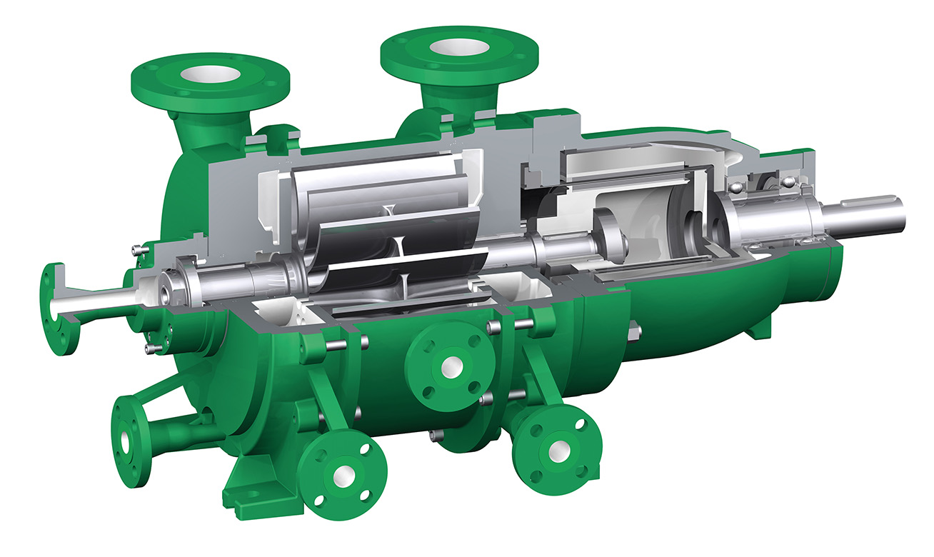 <h2>Pompes à vide à anneau liquide et systèmes de vide de la marque HERMETIC</h2> Cutaway view of a multistage centrifugal pump with green casing, revealing internal impellers and shaft components.