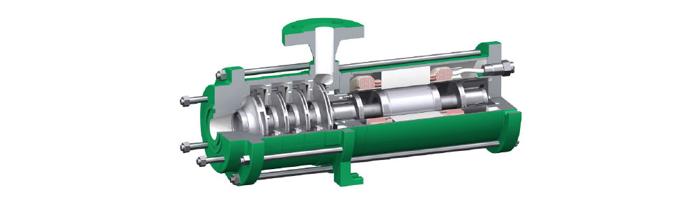 Type CAMh Coupe transversale d'une pompe à rotor noyé « Green » montrant la roue de refroidissement, le rotor et le corps de pompe