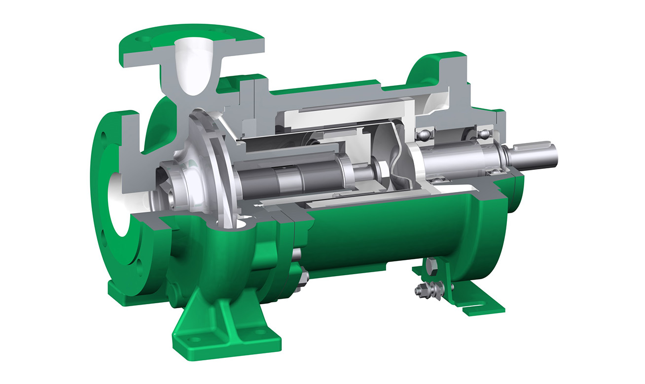 <h2>Pompes étanches pour fluides critiques</h2> Cutaway view of a green magnetic drive centrifugal pump showing internal shaft, bearings, impeller, and casing components.
