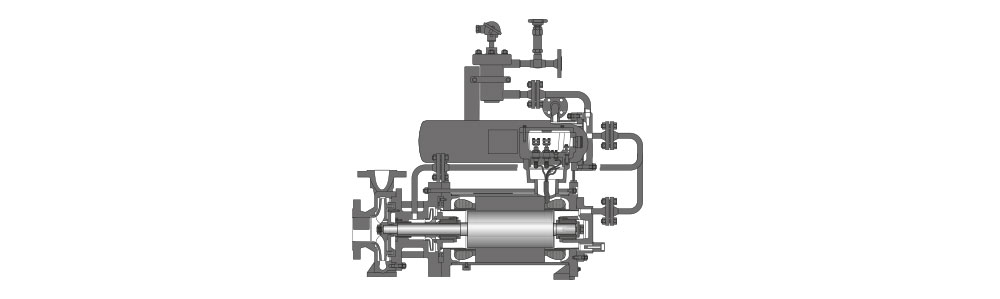 Type CNKr Pompe à rotor noyé avec protection contre les explosions, vue technique latérale montrant les tubes et la robinetterie
