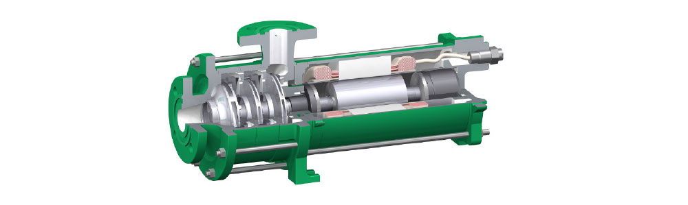 Type CAM Coupe transversale d'une pompe à rotor noyé, avec un carter vert et un rotor et une roue de refroidissement apparents