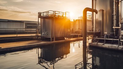 <h3>Transport de soude caustique dans les procédés de production chimique</h3> Industrial water treatment facility with storage tanks, pipes, and settling basin reflecting golden sunset light.