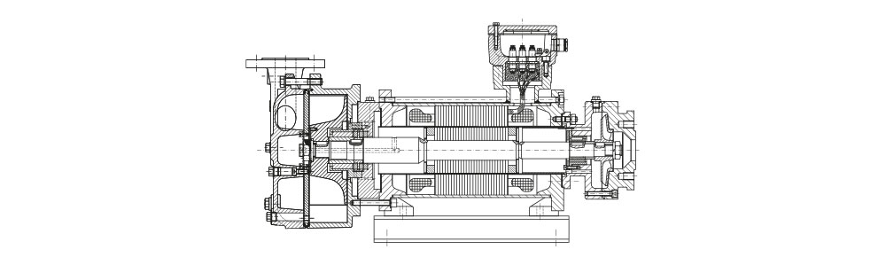 Type LVPH Dessin en coupe d'une pompe à vide à plusieurs étages, présentant en détail ses composants internes.